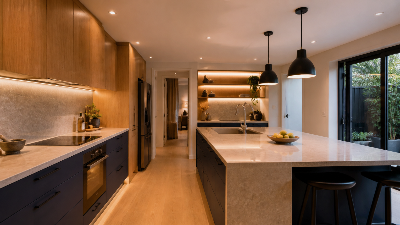 Modern Sydney kitchen with pendant, downlight and task lighting upgrade